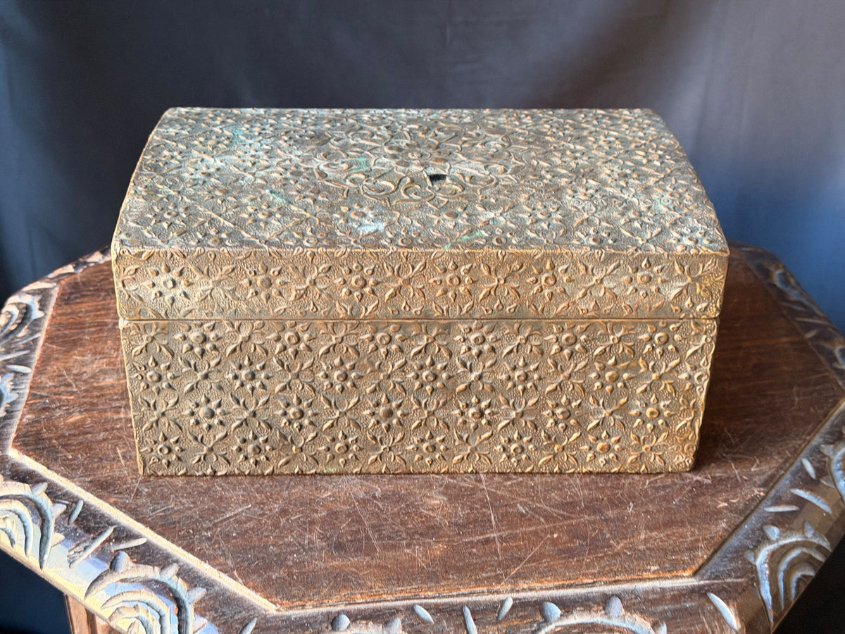 Indian Brass Covered Wood Box Embossed Floral Chrysanthemum Foreside Chest 10"