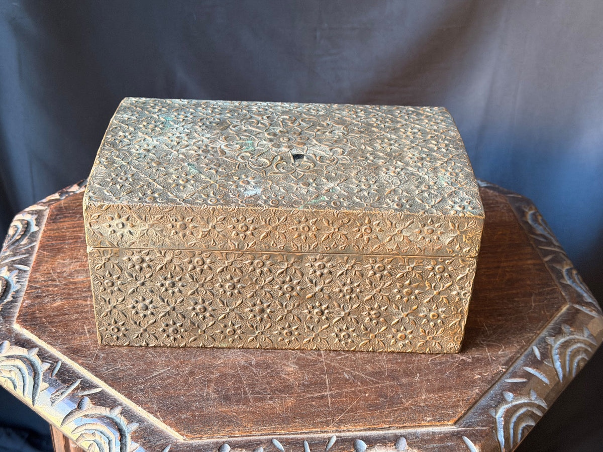 Indian Brass Covered Wood Box Embossed Floral Chrysanthemum Foreside Chest 10"