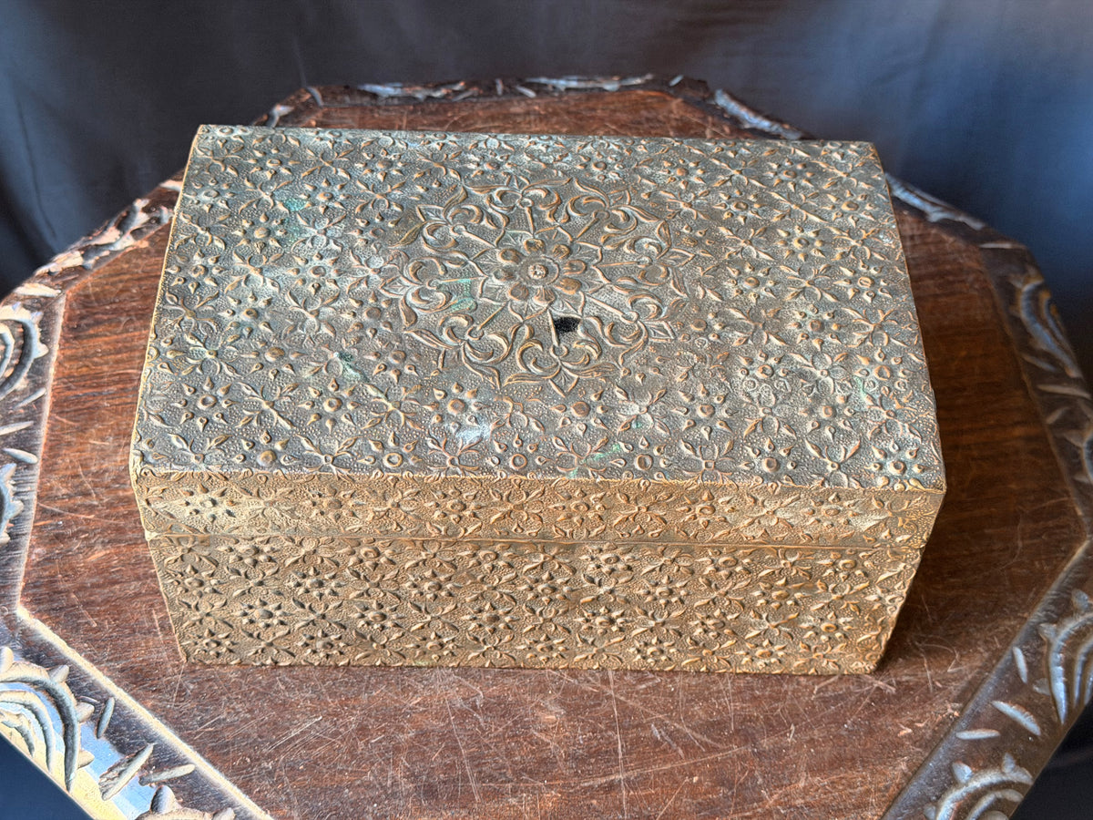 Indian Brass Covered Wood Box Embossed Floral Chrysanthemum Foreside Chest 10"