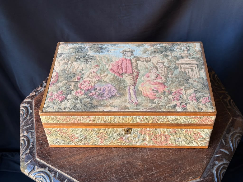 Vintage Italian Tapestry Jewelry Box Garden Courting Scene Removable Tray 13"