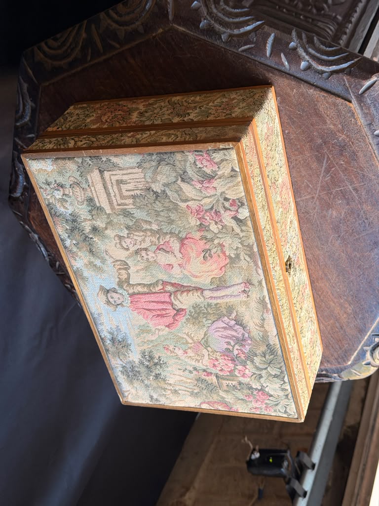 Vintage Italian Tapestry Jewelry Box Garden Courting Scene Removable Tray 13"