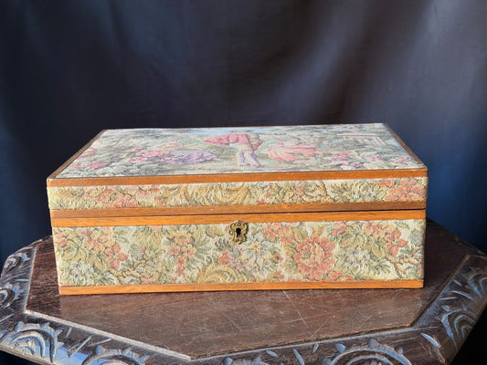 Vintage Italian Tapestry Jewelry Box Garden Courting Scene Removable Tray 13"