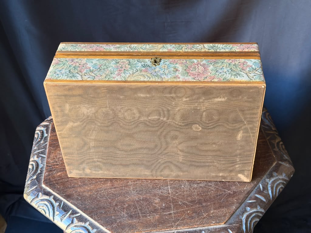 Vintage Italian Tapestry Jewelry Box Garden Courting Scene Removable Tray 13"