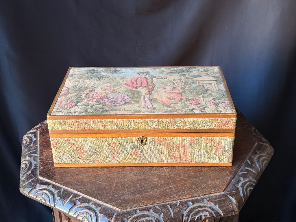 Vintage Italian Tapestry Jewelry Box Garden Courting Scene Removable Tray 13"