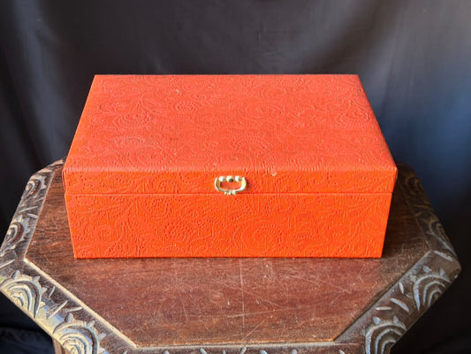Vintage MCM Lady Buxton Orange Paisley Jewelry Box Red Lining Ring Rolls Tray 12"