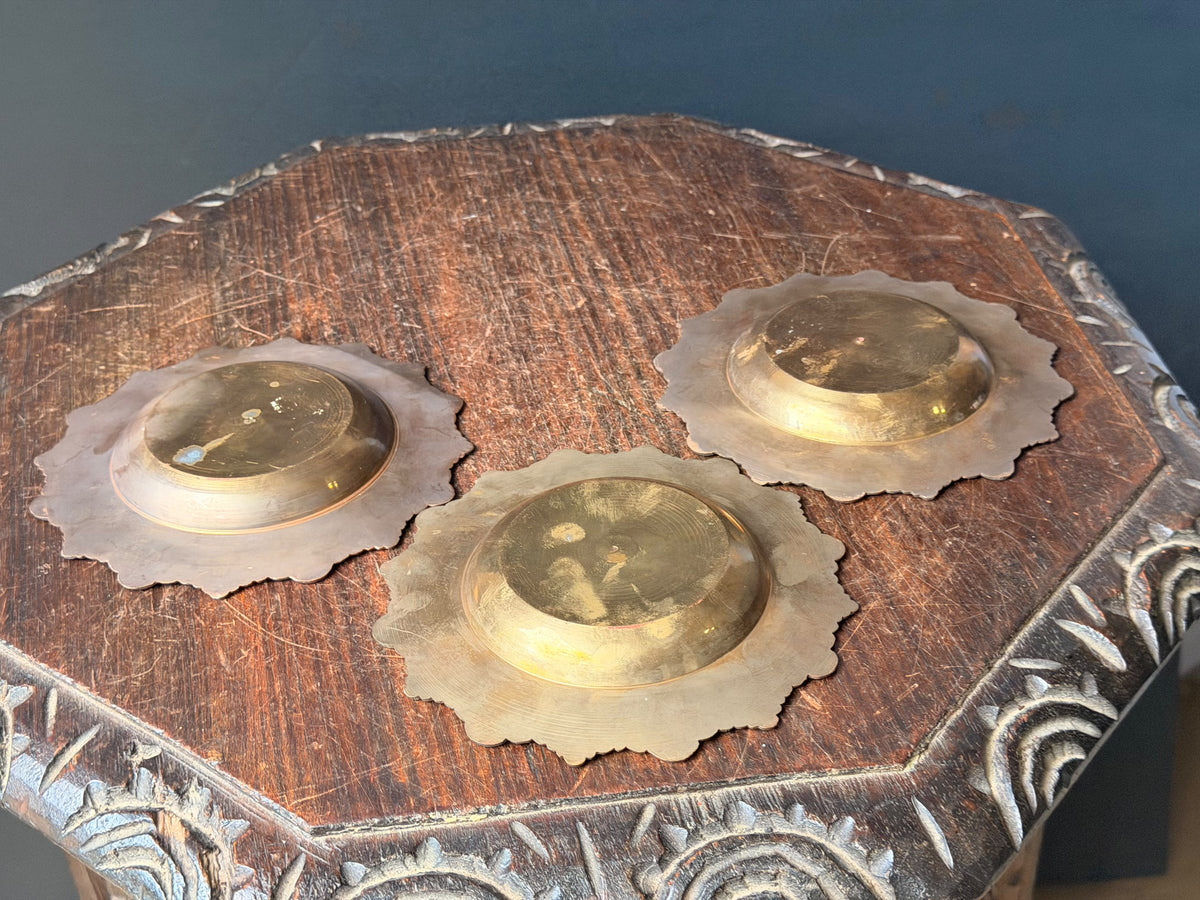 Vintage Enamel Brass Scalloped Floral Trinket Dishes Set of 3 Orange Green Pink 6"