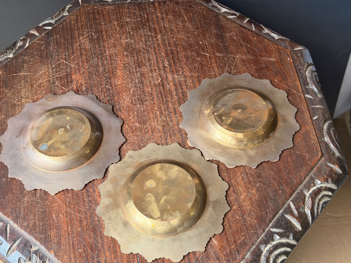 Vintage Enamel Brass Scalloped Floral Trinket Dishes Set of 3 Orange Green Pink 6"