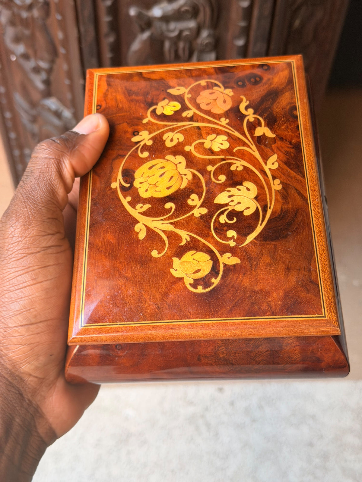 Vintage Reuge Swiss Music Box As Time Goes By Burl Wood Floral Inlay Jewelry Box 7"