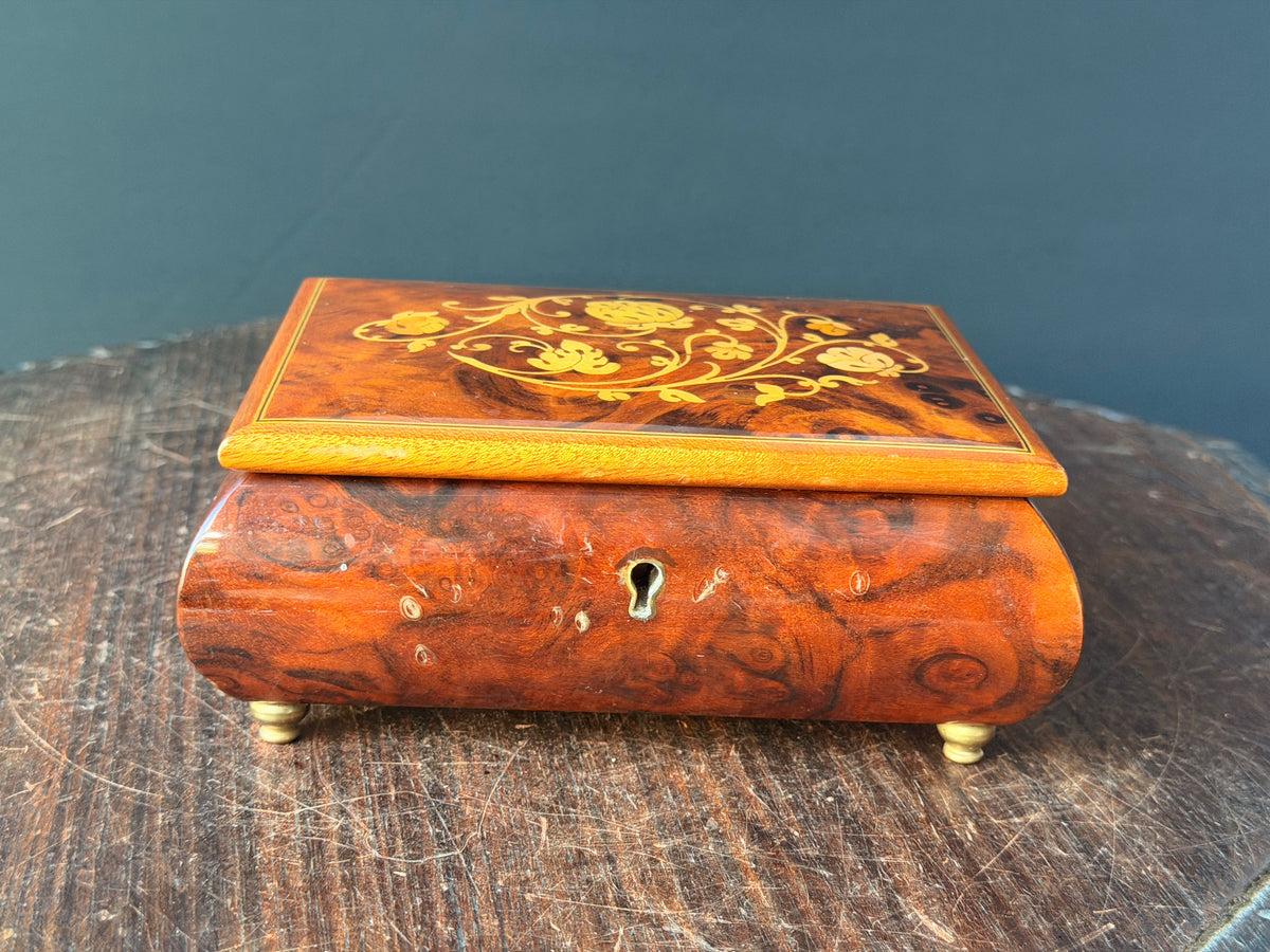 Vintage Reuge Swiss Music Box As Time Goes By Burl Wood Floral Inlay Jewelry Box 7"