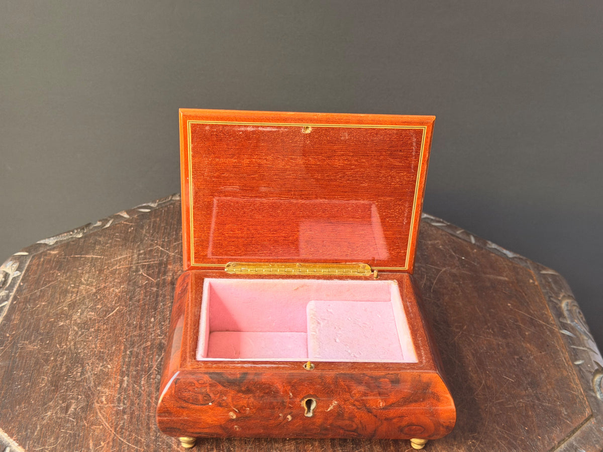 Vintage Reuge Swiss Music Box As Time Goes By Burl Wood Floral Inlay Jewelry Box 7"
