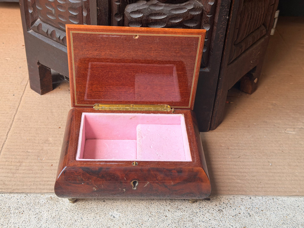 Vintage Reuge Swiss Music Box As Time Goes By Burl Wood Floral Inlay Jewelry Box 7"