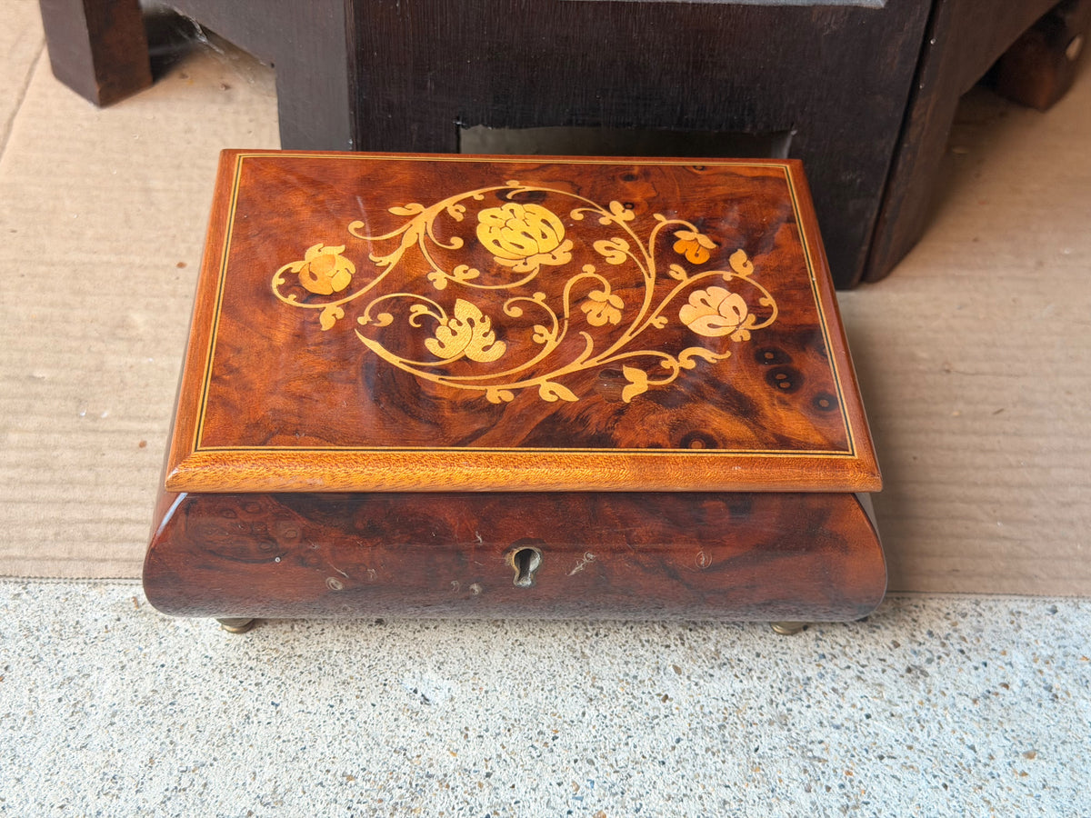 Vintage Reuge Swiss Music Box As Time Goes By Burl Wood Floral Inlay Jewelry Box 7"