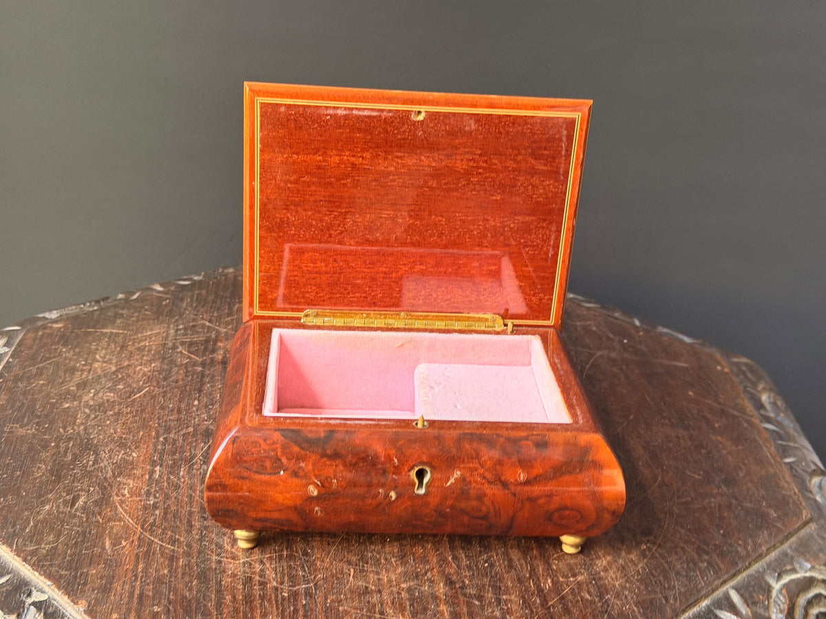 Vintage Reuge Swiss Music Box As Time Goes By Burl Wood Floral Inlay Jewelry Box 7"