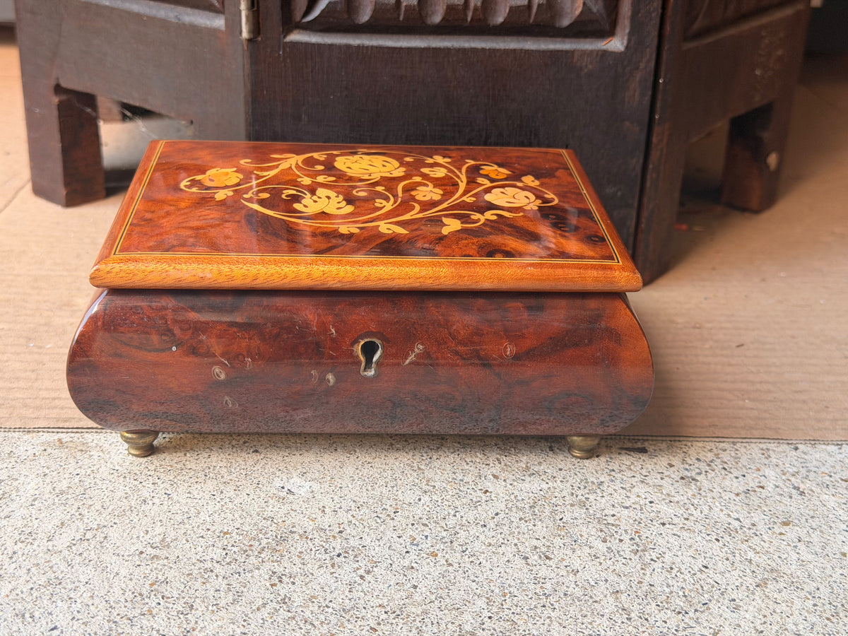 Vintage Reuge Swiss Music Box As Time Goes By Burl Wood Floral Inlay Jewelry Box 7"