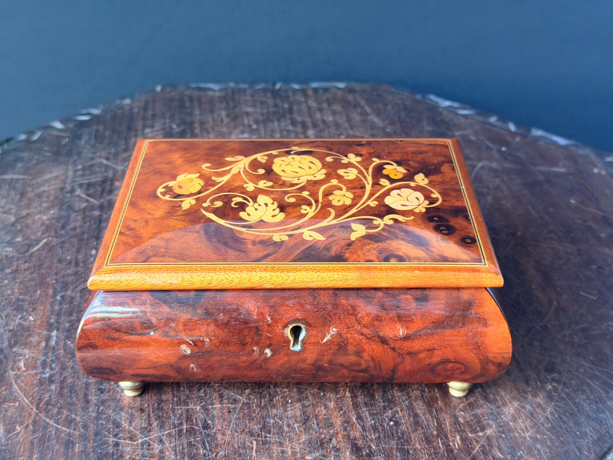 Vintage Reuge Swiss Music Box As Time Goes By Burl Wood Floral Inlay Jewelry Box 7"