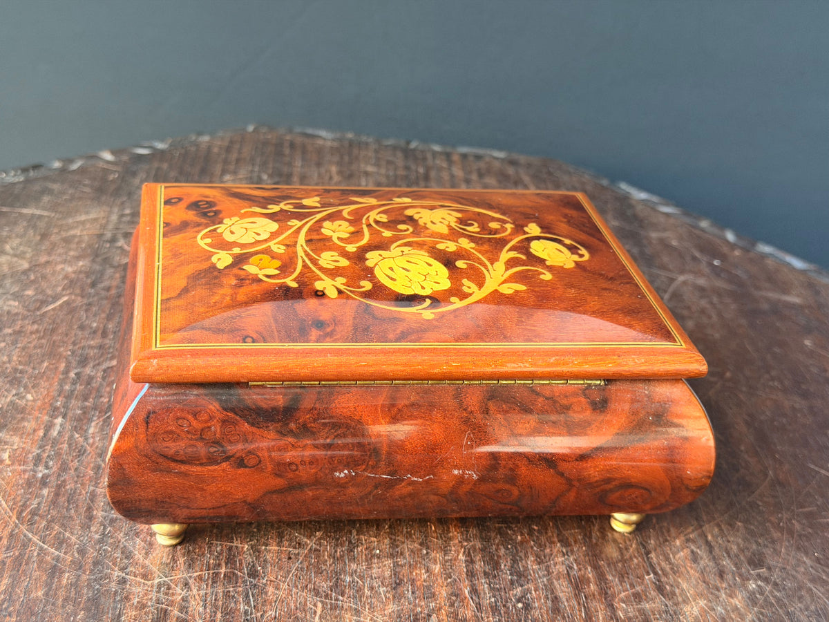 Vintage Reuge Swiss Music Box As Time Goes By Burl Wood Floral Inlay Jewelry Box 7"