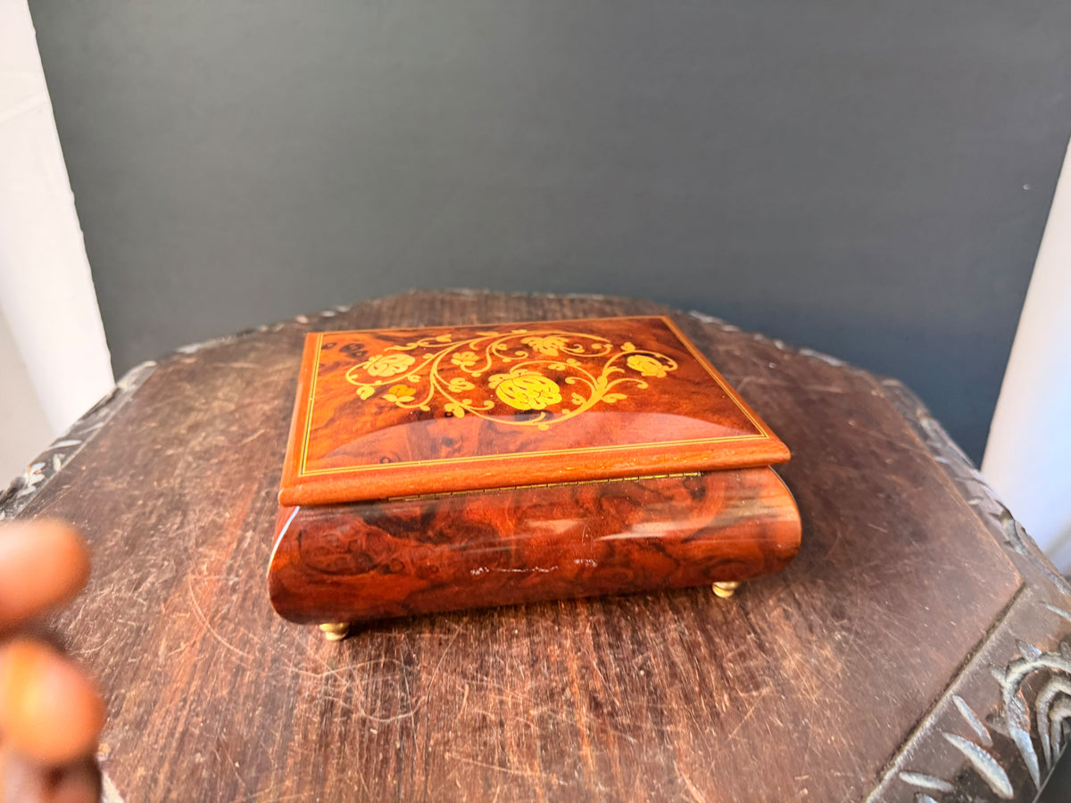 Vintage Reuge Swiss Music Box As Time Goes By Burl Wood Floral Inlay Jewelry Box 7"