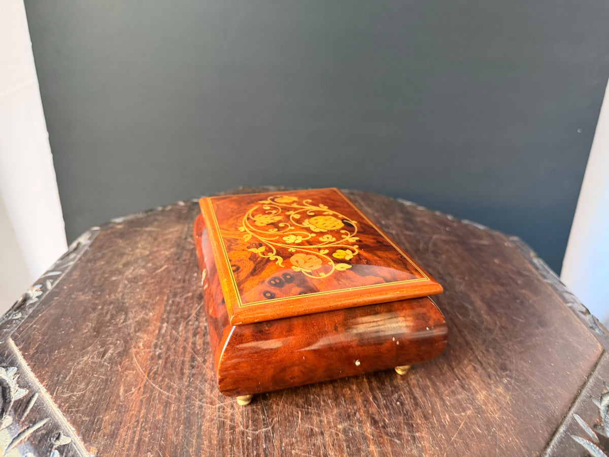 Vintage Reuge Swiss Music Box As Time Goes By Burl Wood Floral Inlay Jewelry Box 7"