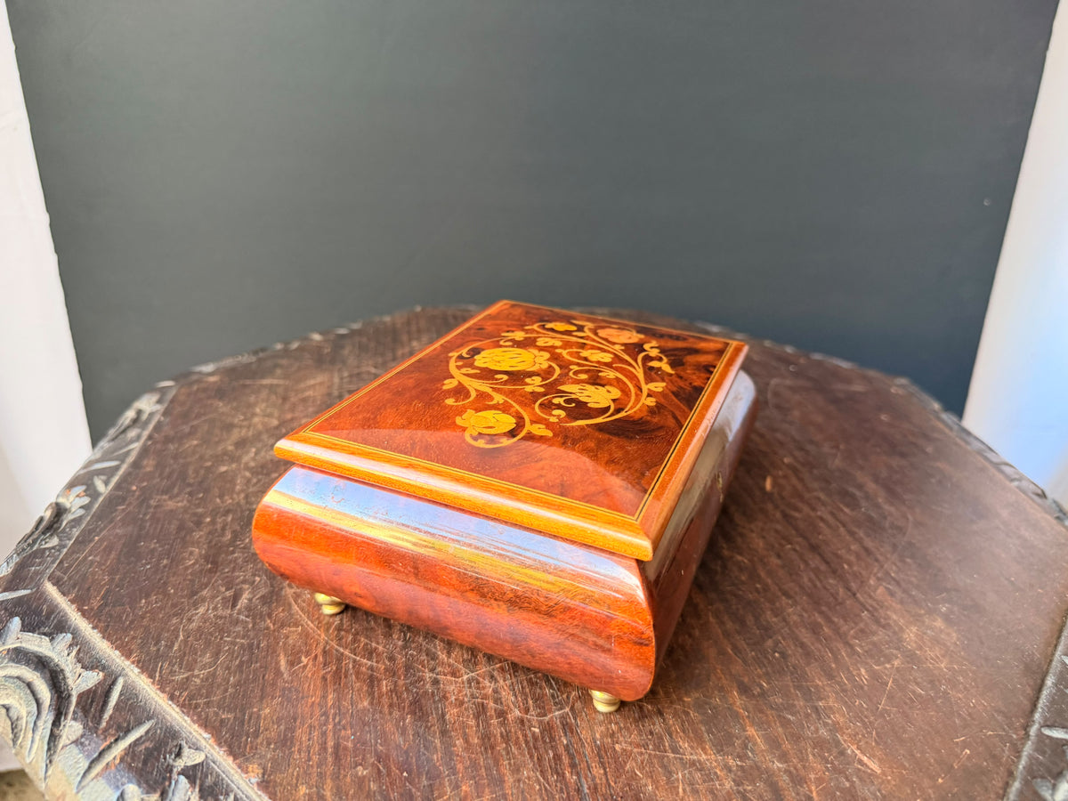 Vintage Reuge Swiss Music Box As Time Goes By Burl Wood Floral Inlay Jewelry Box 7"