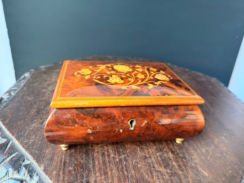 Vintage Reuge Swiss Music Box As Time Goes By Burl Wood Floral Inlay Jewelry Box 7"