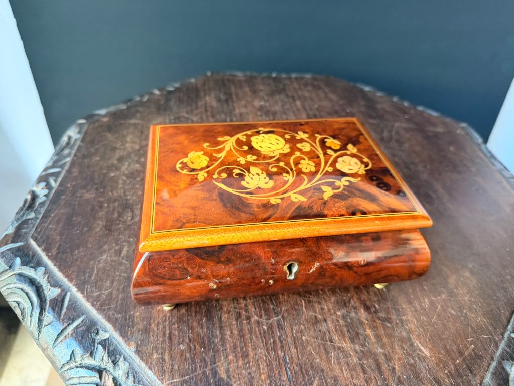 Vintage Reuge Swiss Music Box As Time Goes By Burl Wood Floral Inlay Jewelry Box 7"
