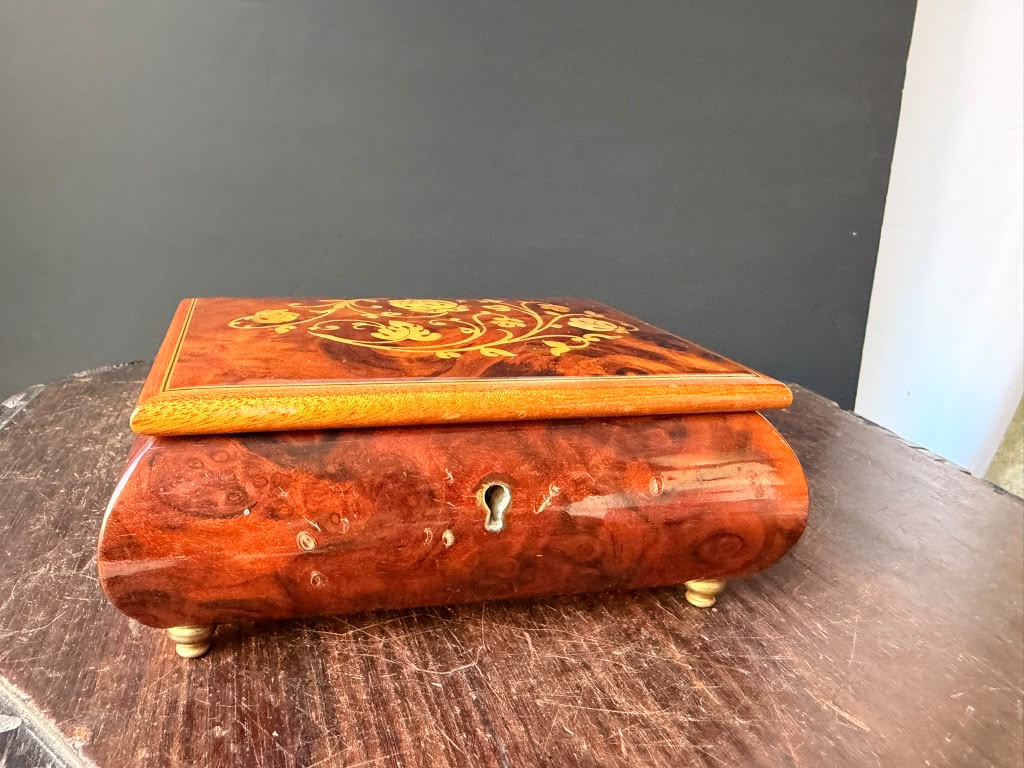 Vintage Reuge Swiss Music Box As Time Goes By Burl Wood Floral Inlay Jewelry Box 7"