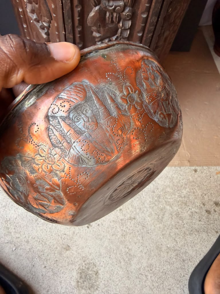 Vintage Middle Eastern Engraved Copper Bowl Figural Medallions Tinned Interior 7"