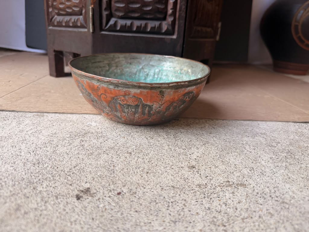 Vintage Middle Eastern Engraved Copper Bowl Figural Medallions Tinned Interior 7"