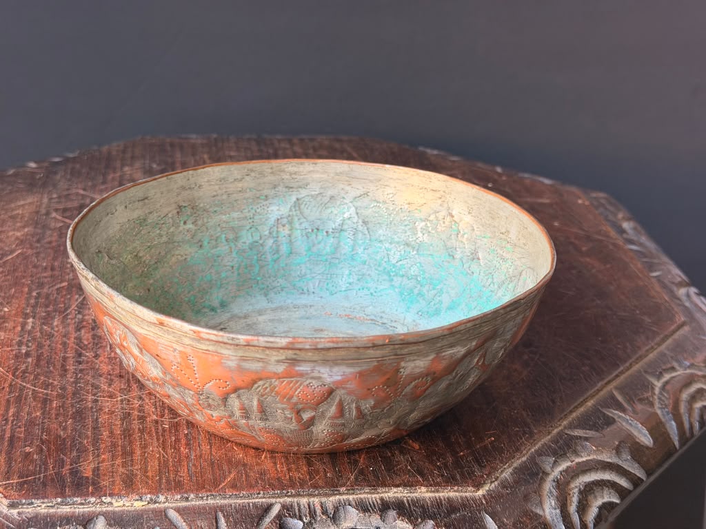 Vintage Middle Eastern Engraved Copper Bowl Figural Medallions Tinned Interior 7"