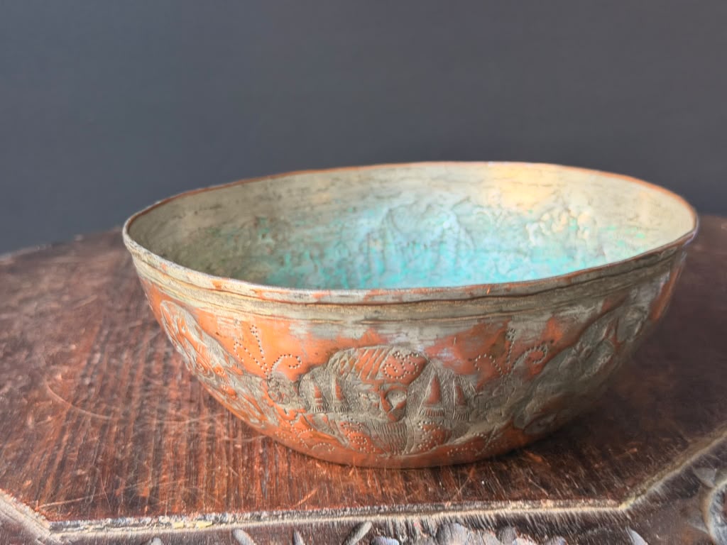 Vintage Middle Eastern Engraved Copper Bowl Figural Medallions Tinned Interior 7"