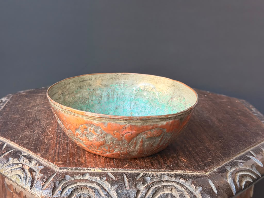 Vintage Middle Eastern Engraved Copper Bowl Figural Medallions Tinned Interior 7"
