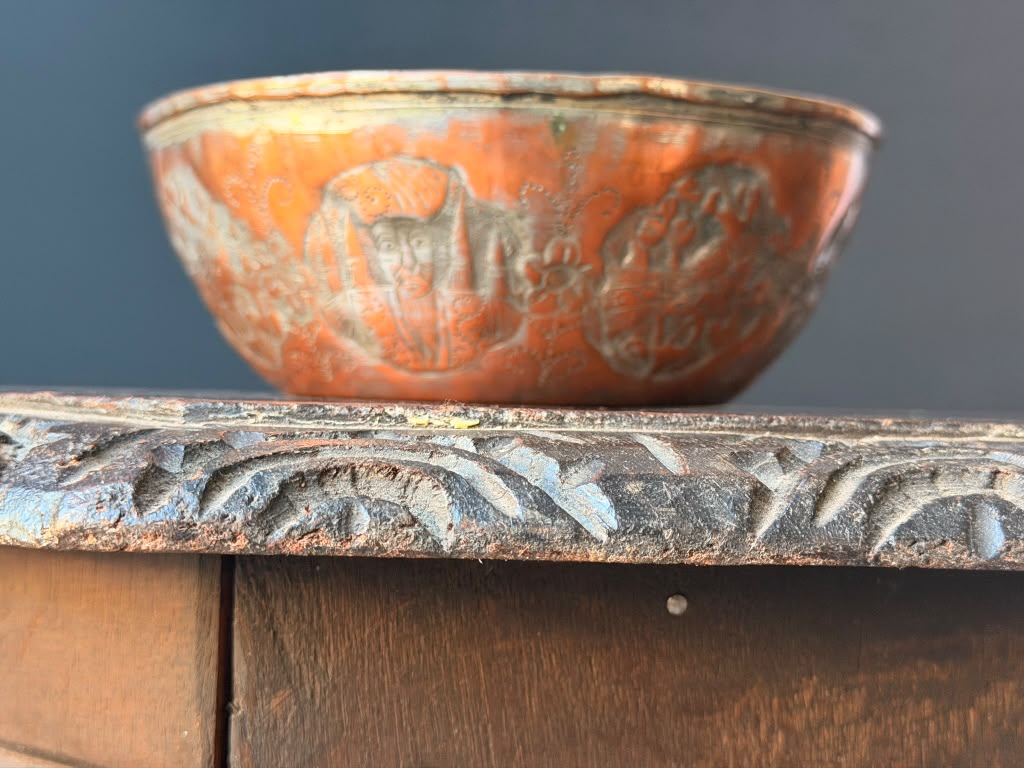 Vintage Middle Eastern Engraved Copper Bowl Figural Medallions Tinned Interior 7"