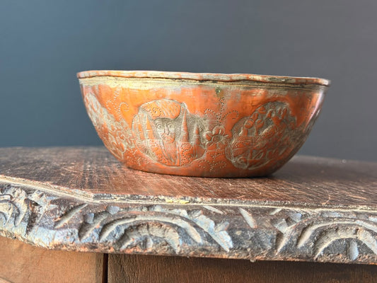 Vintage Middle Eastern Engraved Copper Bowl Figural Medallions Tinned Interior 7"