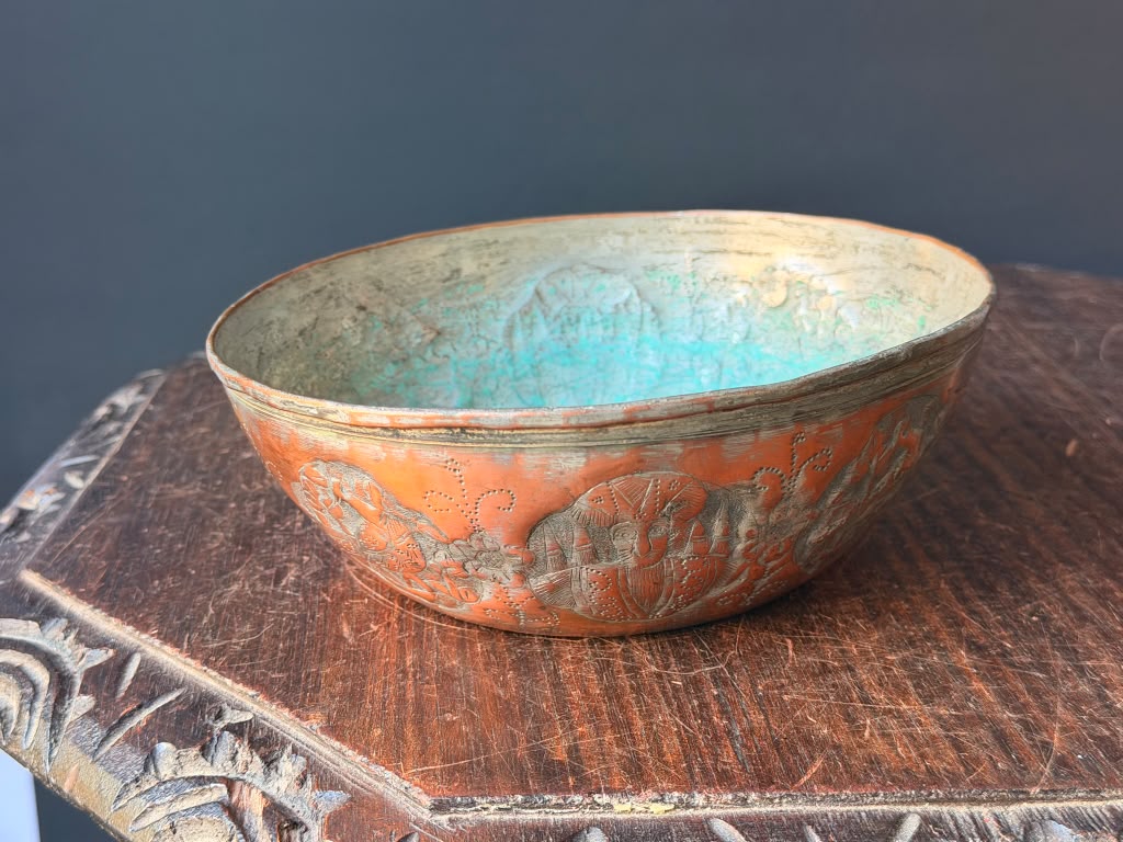 Vintage Middle Eastern Engraved Copper Bowl Figural Medallions Tinned Interior 7"