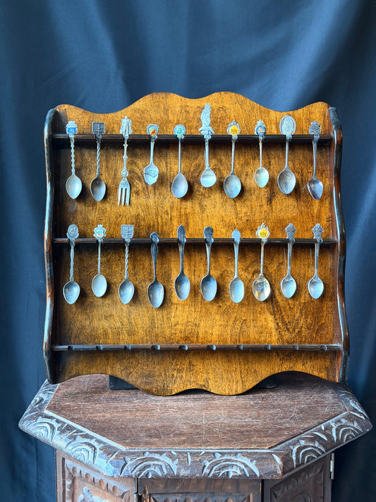 Vintage Wood Wall Spoon Rack 19 Souvenir Spoons & Fork Incl Rolex Bucherer 18"