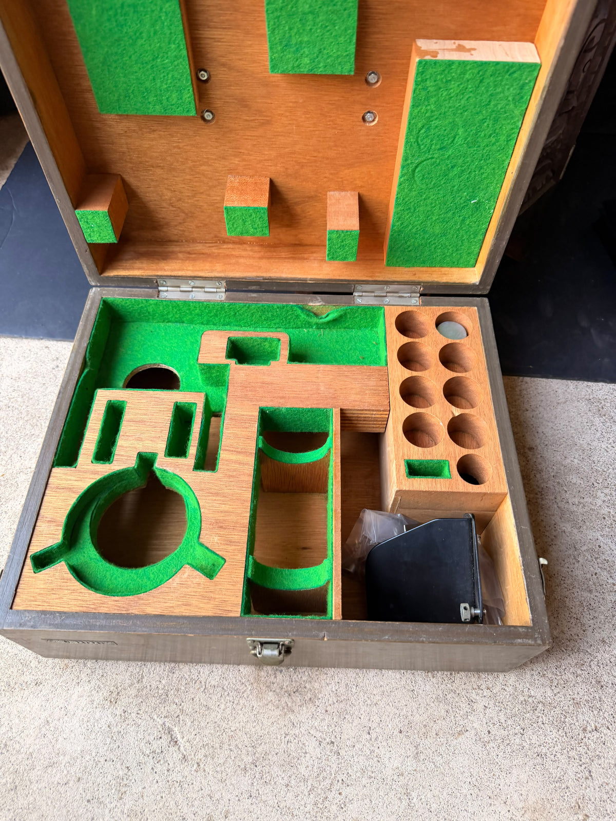 Vintage Wood Microscope Case Fitted Green Felt Interior Lab Instrument Box 14"