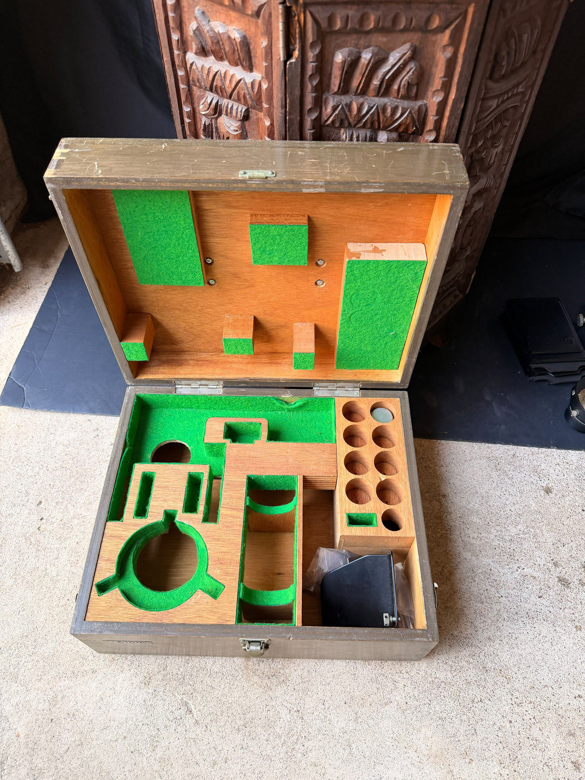 Vintage Wood Microscope Case Fitted Green Felt Interior Lab Instrument Box 14"