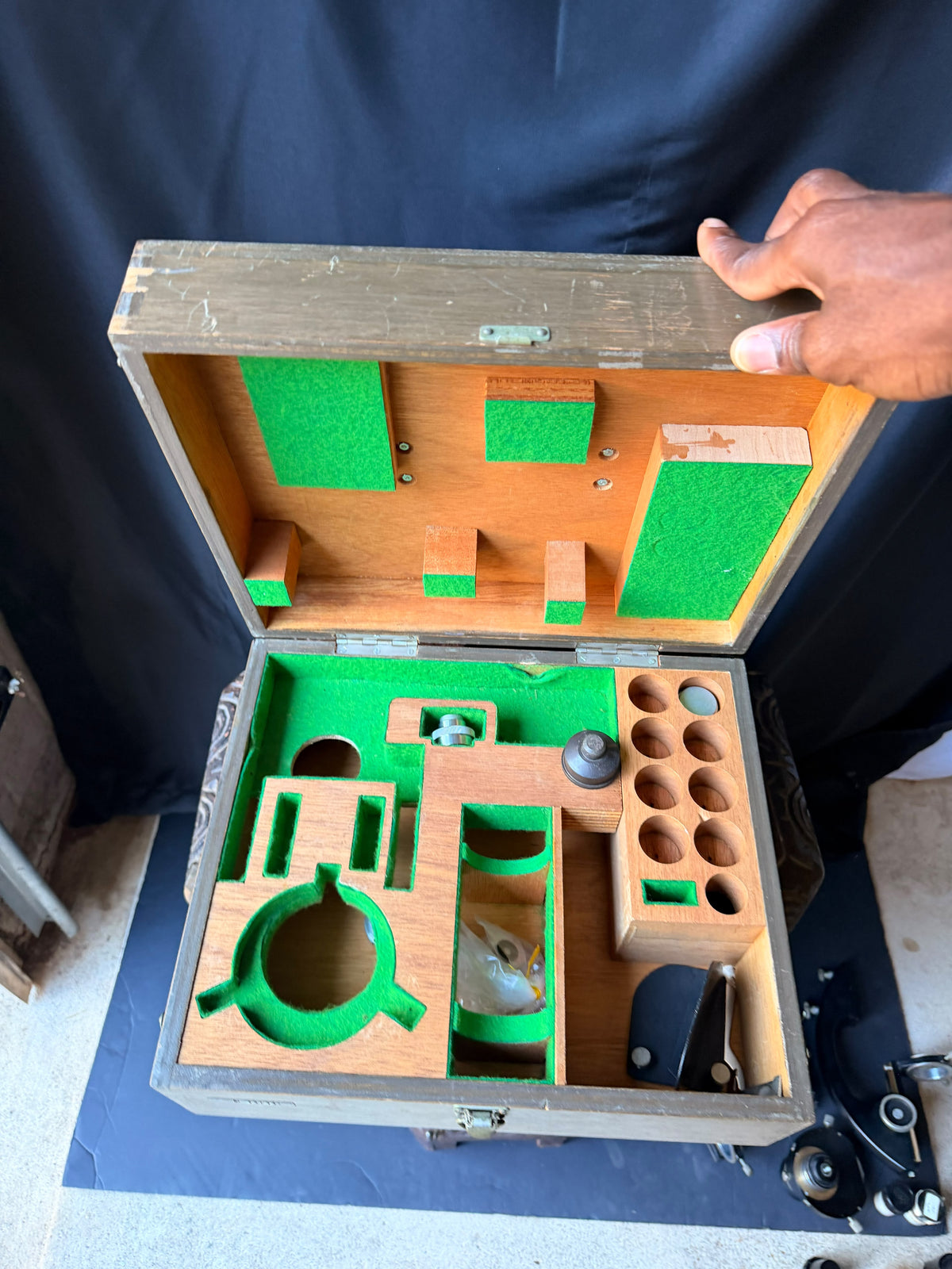 Vintage Wood Microscope Case Fitted Green Felt Interior Lab Instrument Box 14"