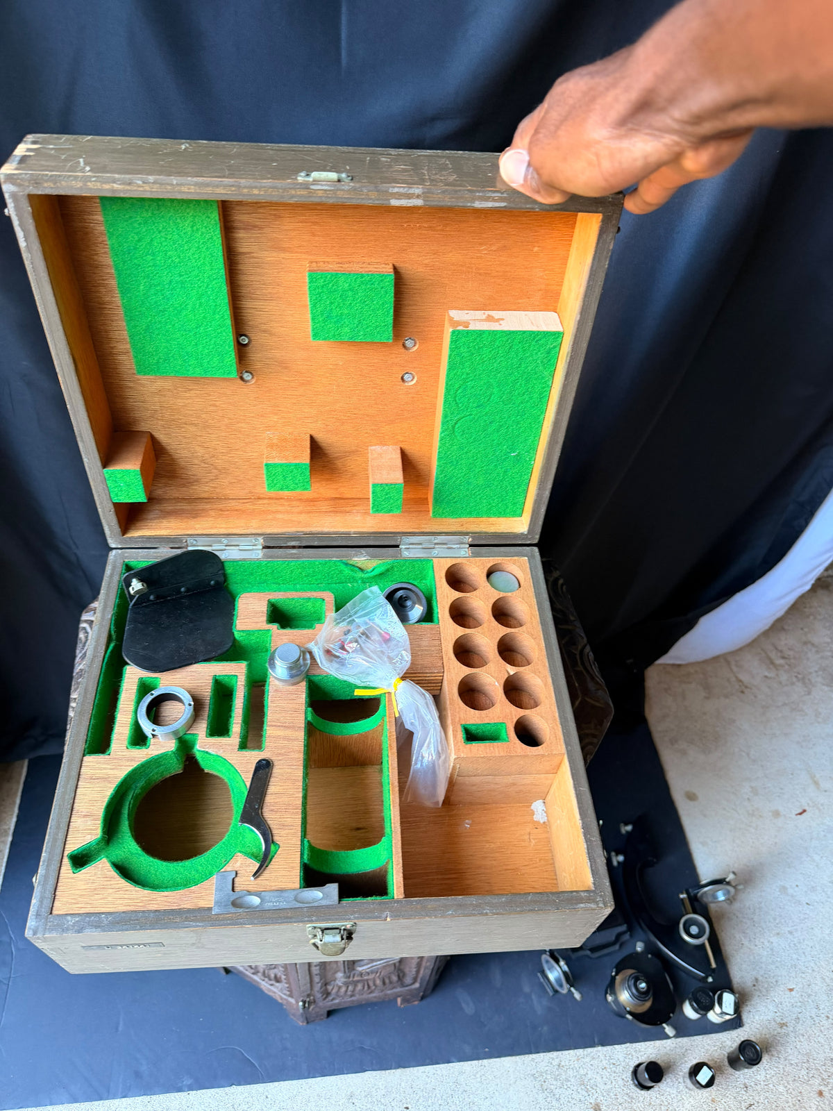 Vintage Wood Microscope Case Fitted Green Felt Interior Lab Instrument Box 14"
