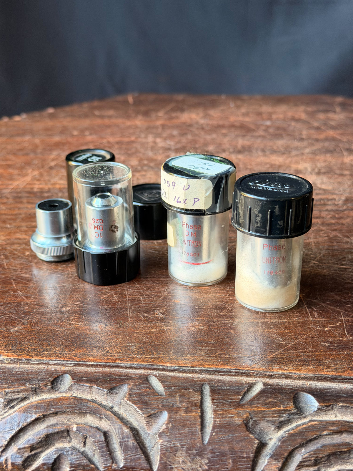 Vintage Unitron Phase Contrast Microscope Objective Lot 4x 10x 40x 100x Oil