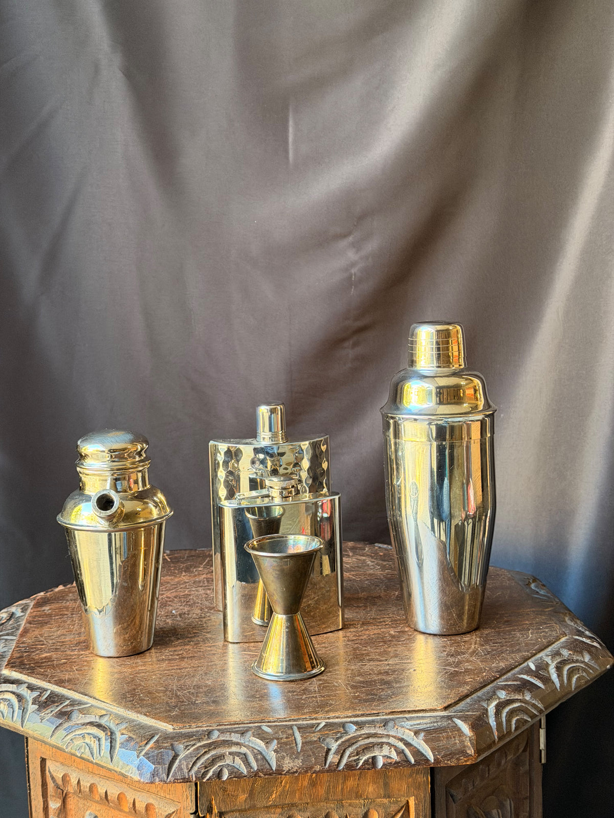Stainless Barware Set 5 Pc Pier 1 Cocktail Shakers Hammered Flasks Jigger 9"