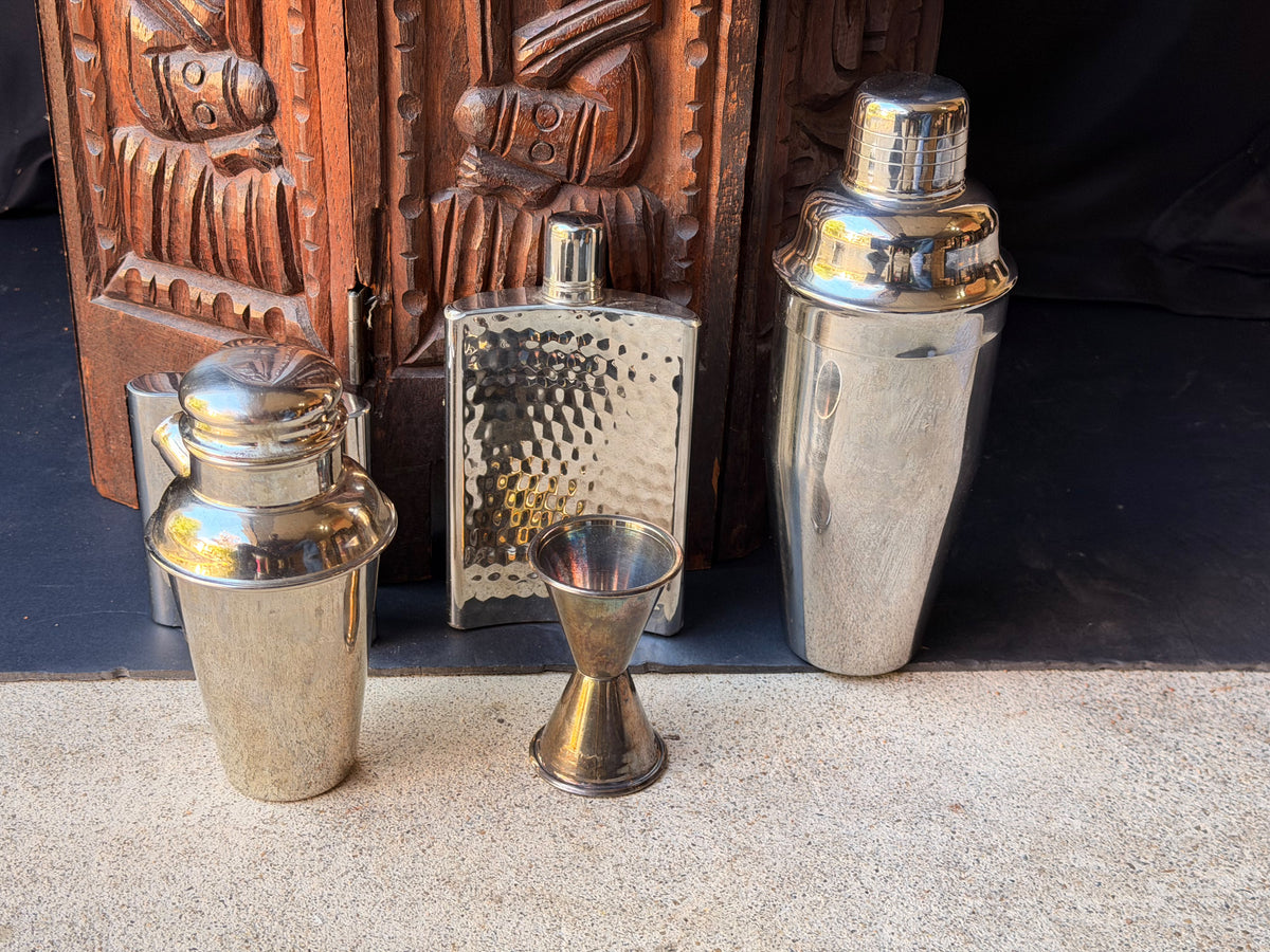 Stainless Barware Set 5 Pc Pier 1 Cocktail Shakers Hammered Flasks Jigger 9"