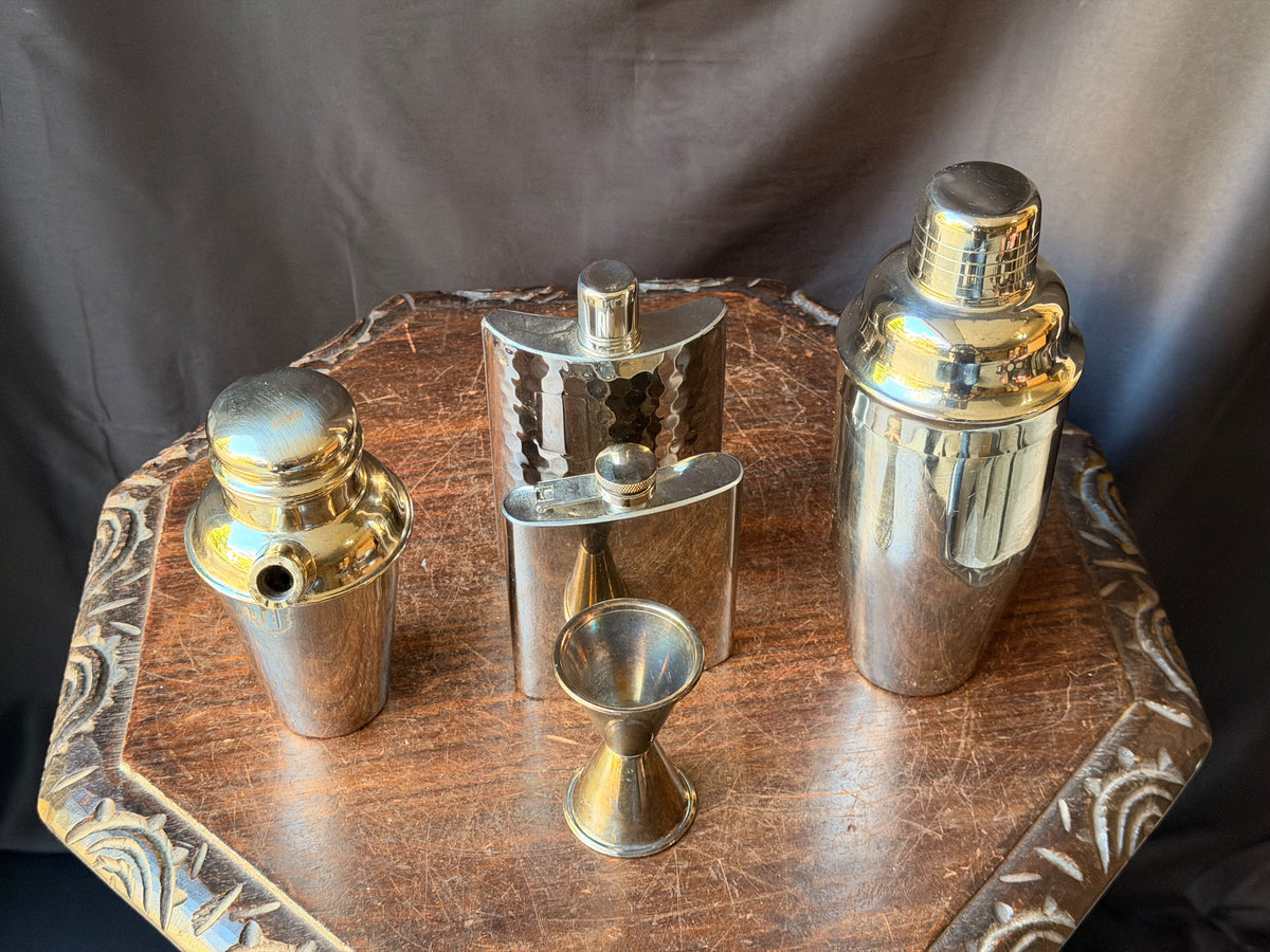 Stainless Barware Set 5 Pc Pier 1 Cocktail Shakers Hammered Flasks Jigger 9"