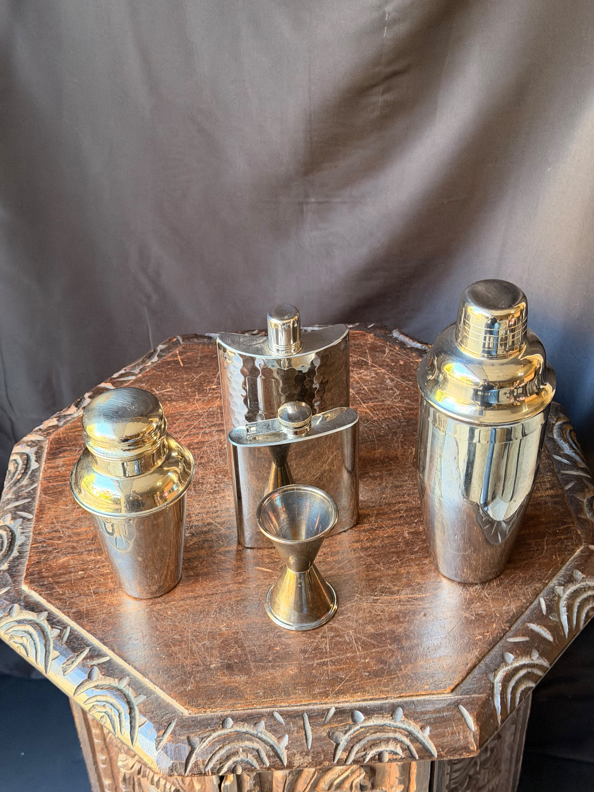 Stainless Barware Set 5 Pc Pier 1 Cocktail Shakers Hammered Flasks Jigger 9"