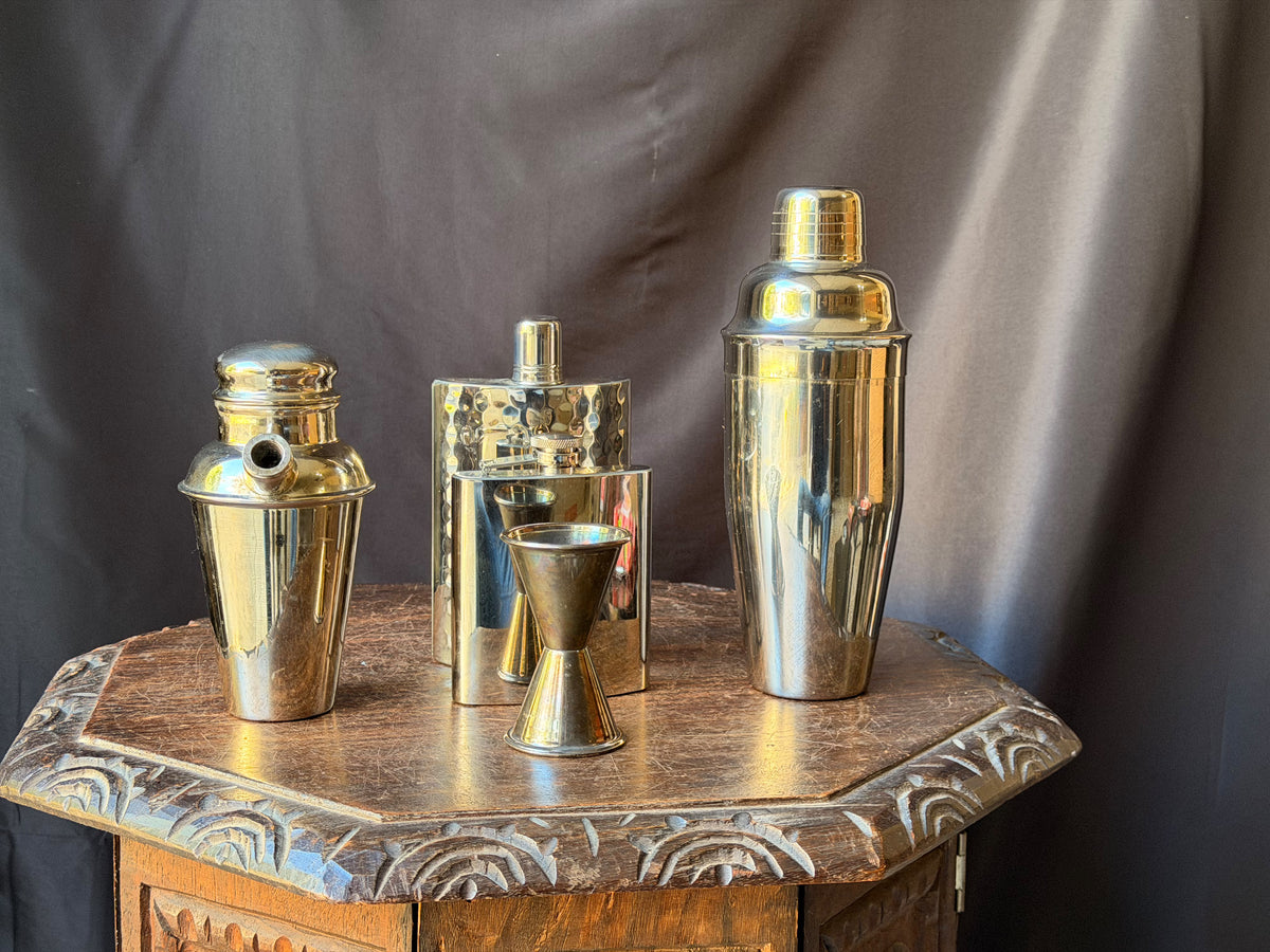 Stainless Barware Set 5 Pc Pier 1 Cocktail Shakers Hammered Flasks Jigger 9"