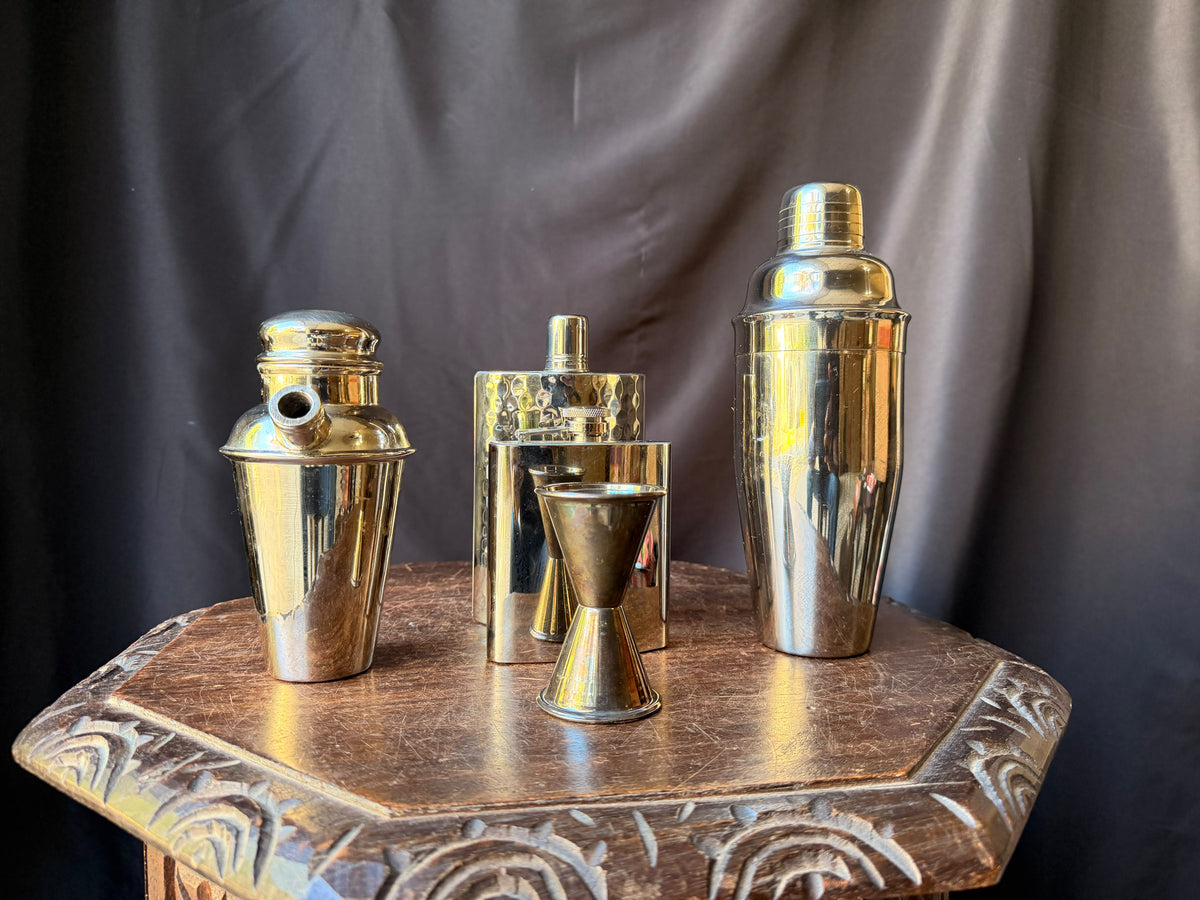 Stainless Barware Set 5 Pc Pier 1 Cocktail Shakers Hammered Flasks Jigger 9"