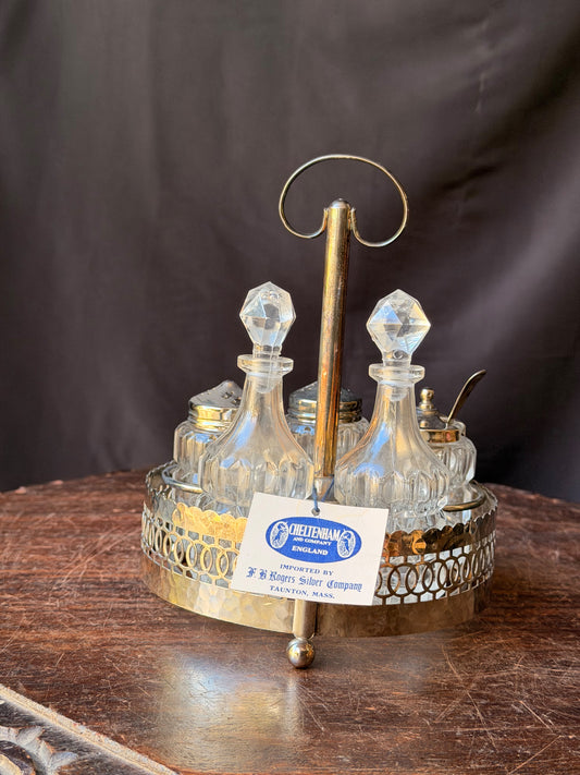 Vintage Cheltenham England Silverplate Glass Cruet Condiment Set Caddy Tag 7"