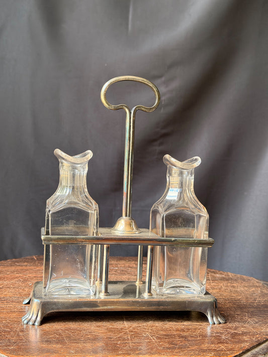 Antique Gorham Maillard New York Silverplate Cruet Stand 2 Glass Bottles 9.5"