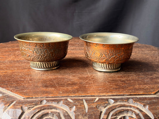 Vintage Pair Repousse Copper Footed Bowls Silver Tone Metal Lined Floral 4"