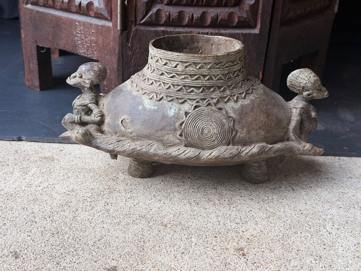 Vintage Dogon Lobi African Bronze Tortoise Vessel Two Figures Lost Wax 9.5"